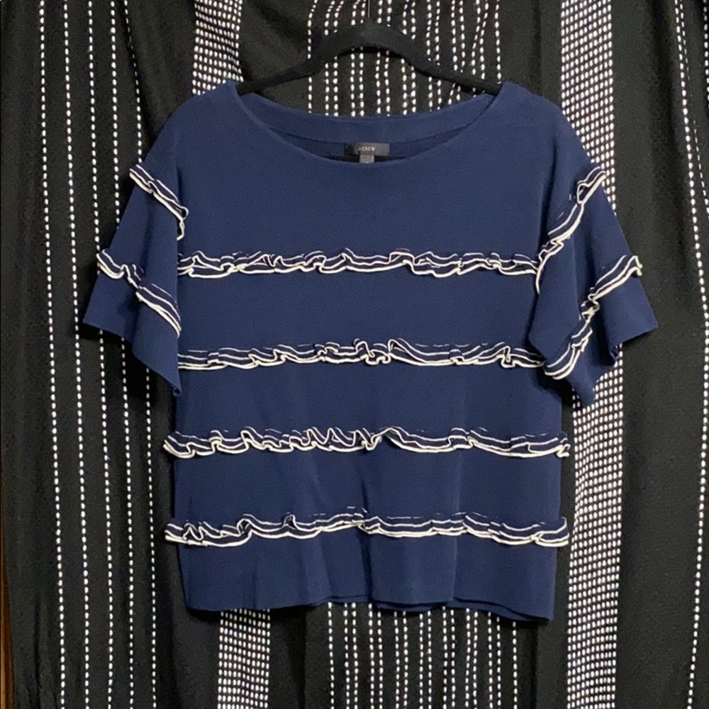 J. Crew Navy and White Frill Striped Sweater